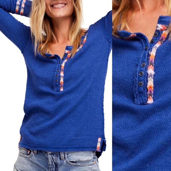 Free People Rainbow Thermal Henley Pullover Sz XS